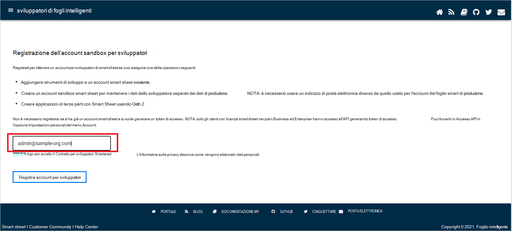 Screenshot che mostra la pagina Registrazione account sandbox per sviluppatori.