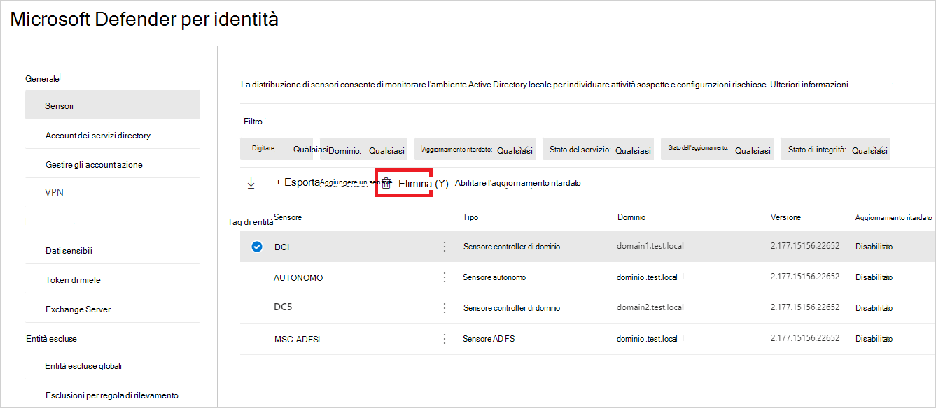 Eliminare il sensore Defender for Identity orfano dalla pagina dei sensori