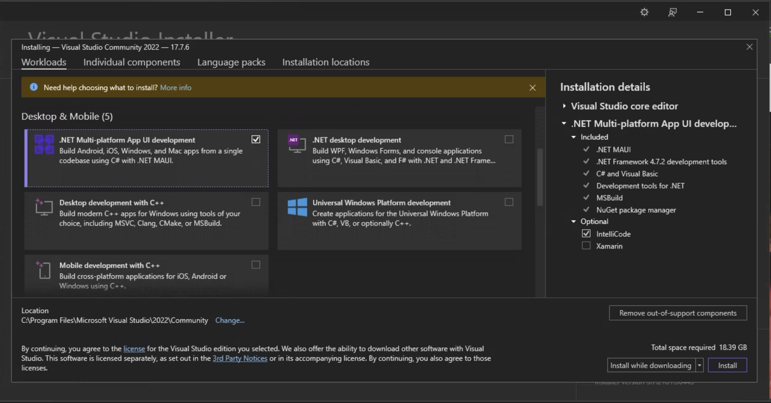 Selezionare .Net Multi Platform App UI WorkLoad