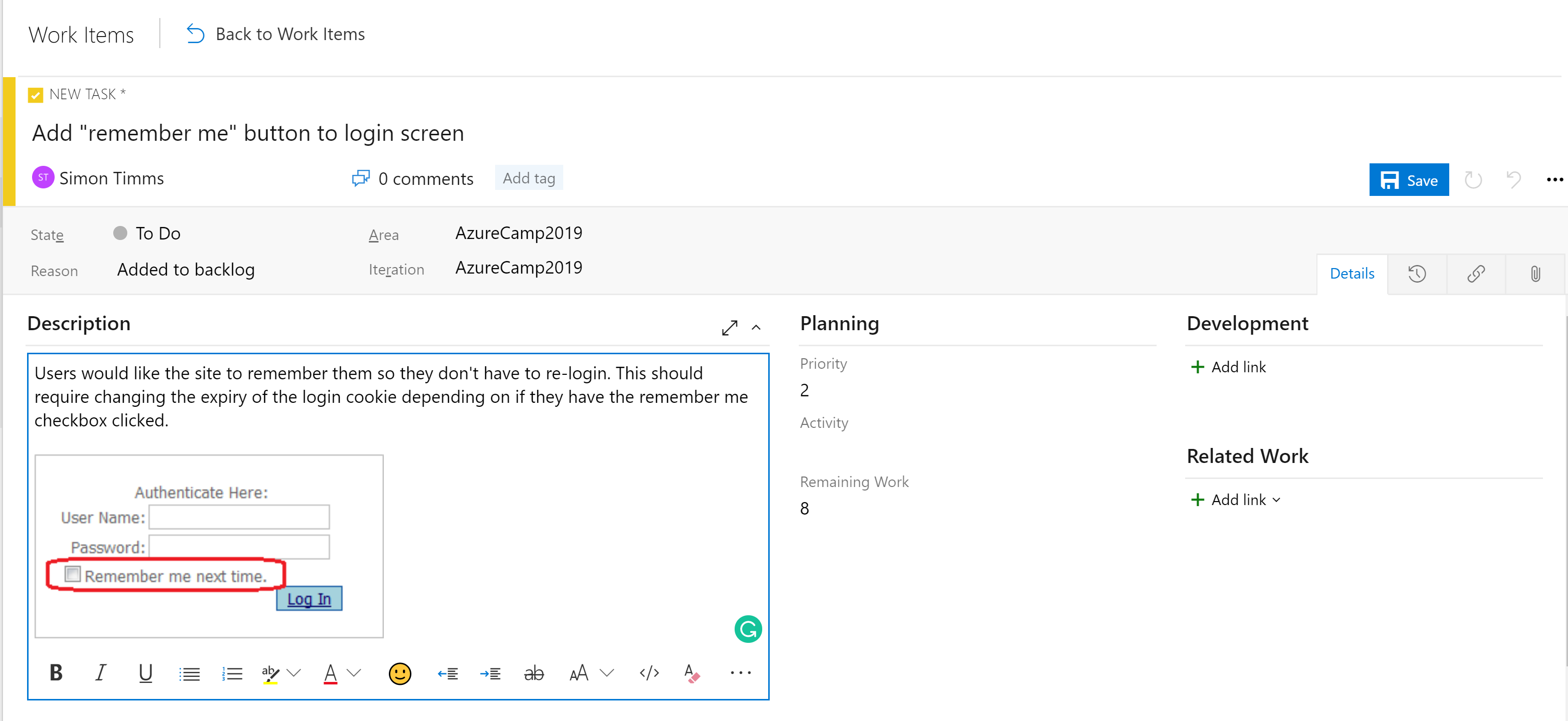 Figura 10-5 Attività di esempio in Azure DevOps