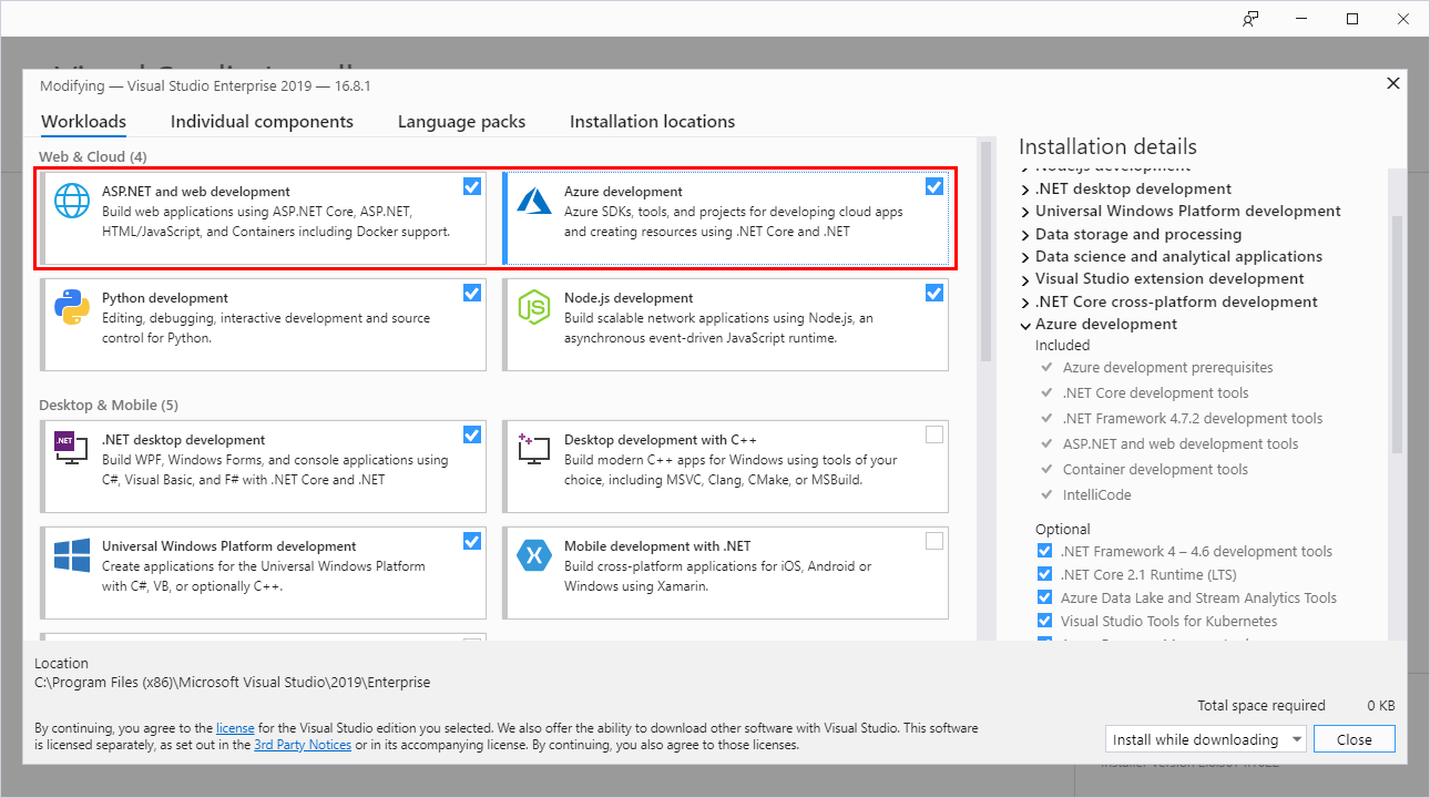 Screenshot del programma di installazione di Visual Studio che mostra i carichi di lavoro Sviluppo di Azure e Sviluppo ASP.NET e Web selezionati