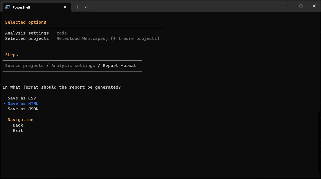 Screenshot della schermata di selezione del formato report CLI