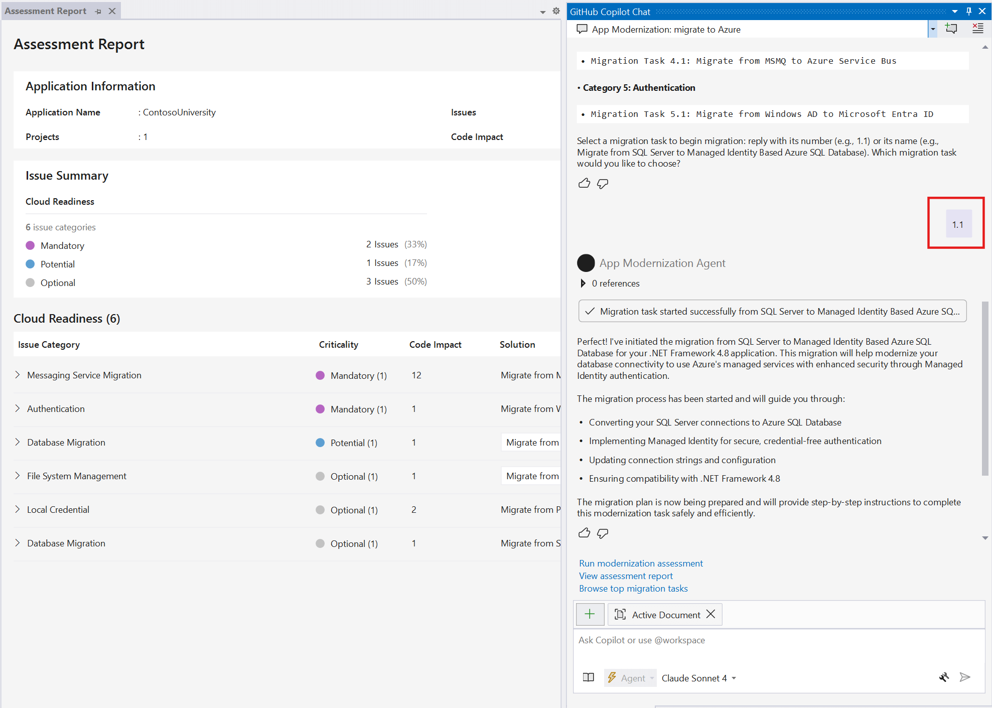 Screenshot dell'invio di un messaggio in Copilot Chat per avviare un'attività di migrazione.