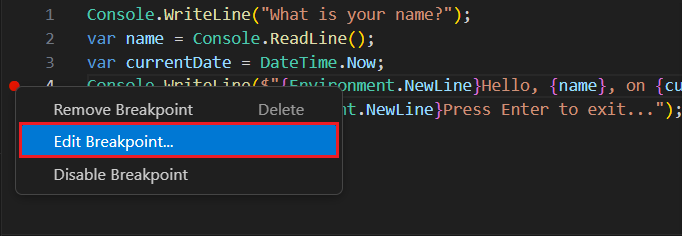 menu contestuale del punto di interruzione