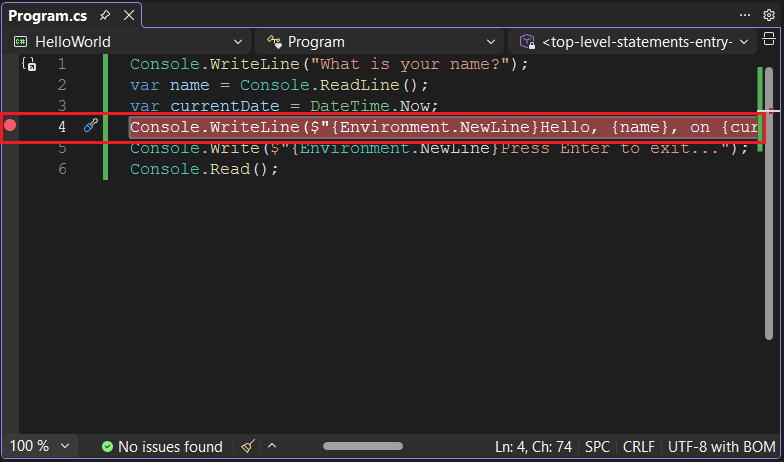 Finestra del Programma di Visual Studio con punto di interruzione impostato