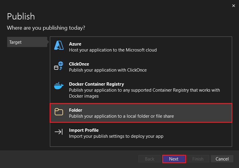 Pick una destinazione di pubblicazione in Visual Studio.