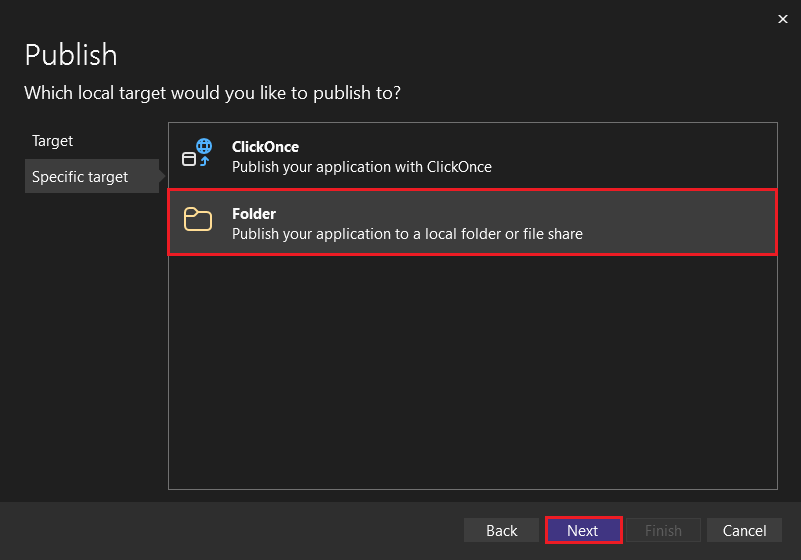 Pick la destinazione di pubblicazione specifica in Visual Studio.
