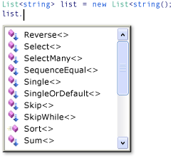 Screenshot che mostra tutti gli operatori di query standard in Intellisense.