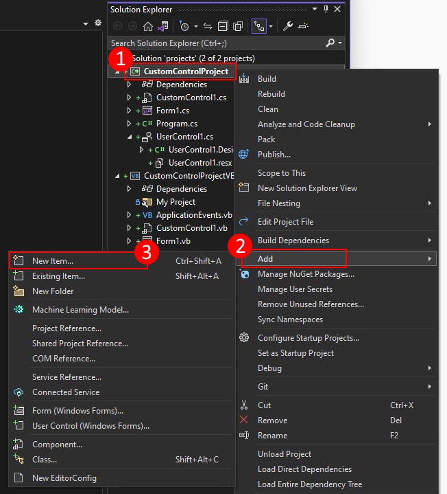 Immagine di Visual Studio. Nella finestra Esplora soluzioni è stato fatto clic con il pulsante destro del mouse sul progetto che mostra un menu. Evidenziato nel menu è la voce di menu 
