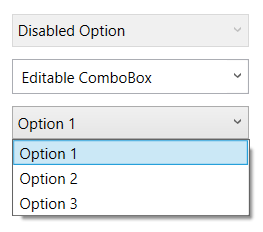 Controllo ComboBox visualizzato in stati disabilitati, compressi ed espansi.