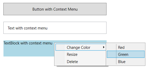 Screenshot che mostra un oggetto ContextMenu negli stati predefiniti e aperti.