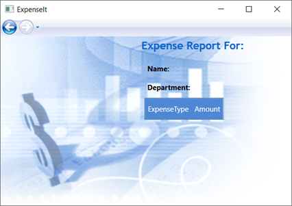 Screenshot di esempio ExpenseIt che mostra l'interfaccia utente appena creata per ExpenseReportPage.