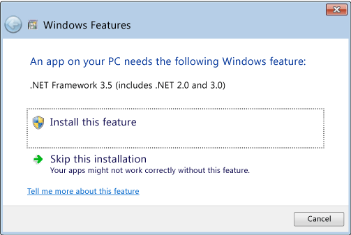 Finestra di dialogo per l'installazione di 3.5 in Windows 8