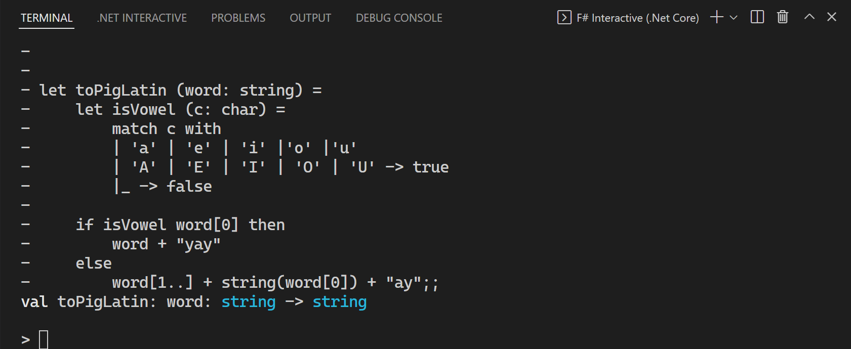 Esempio di output interattivo F# con Ionide