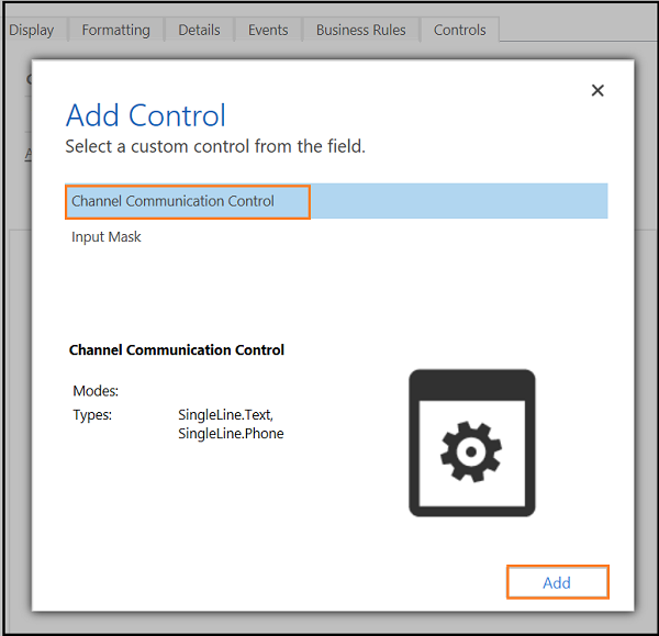 Scegliere Channel Communication Control (Controllo comunicazione canale) e selezionare Add (Aggiungi).