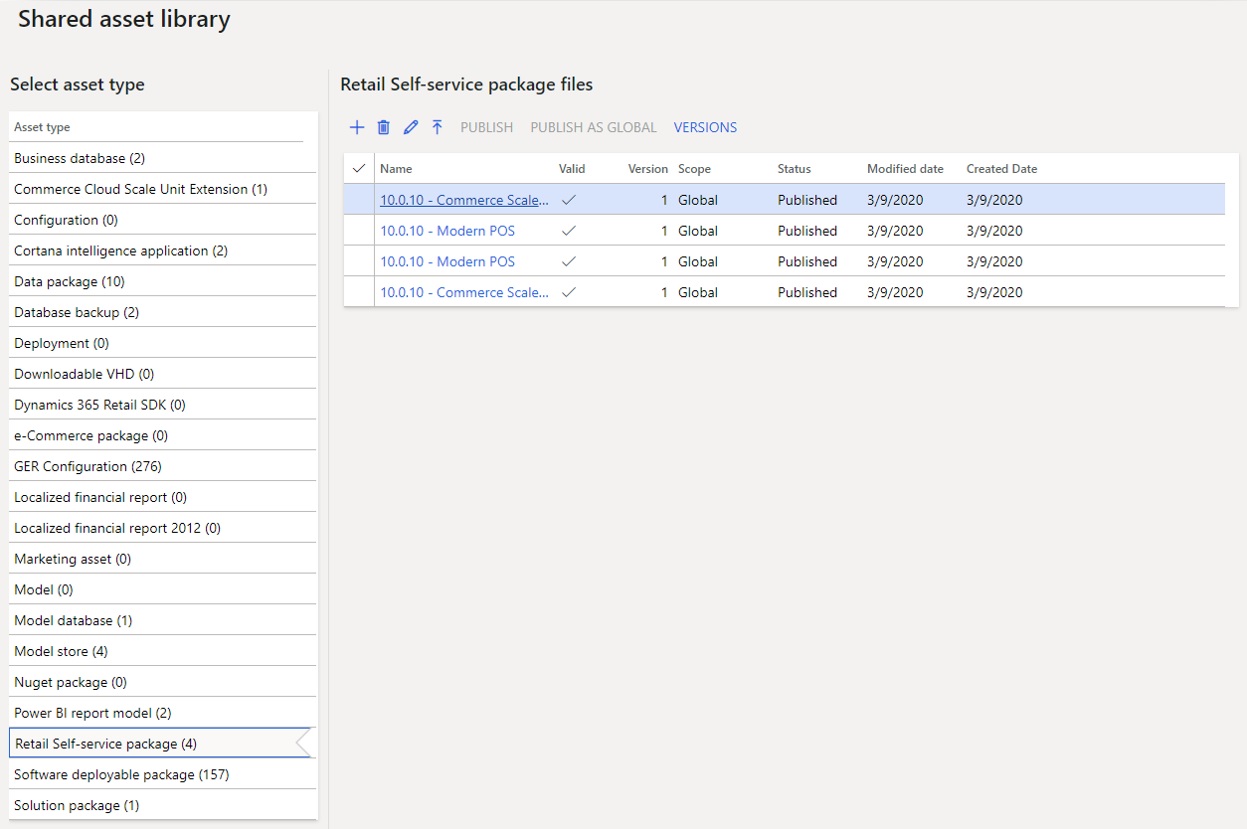 Screenshot of the Retail Self-service package subsection in the Shared asset library.