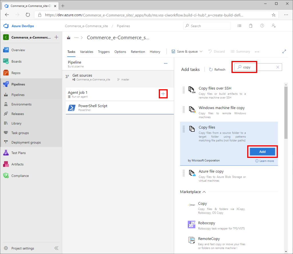 Screenshot of Azure DevOps Add tasks pane with search box and Copy files task Add button highlighted.