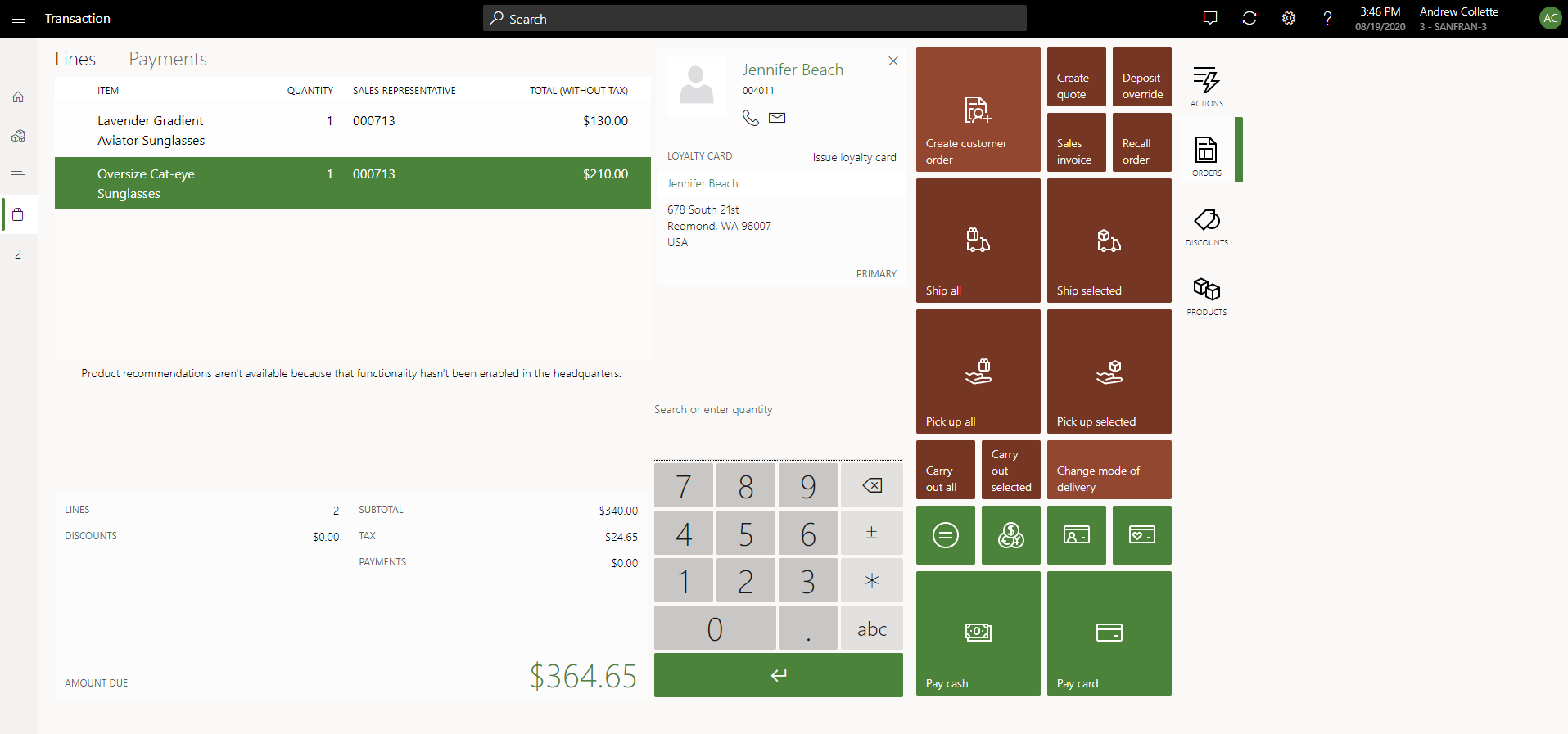 Screenshot delle operazioni sulla schermata delle transazioni del POS.