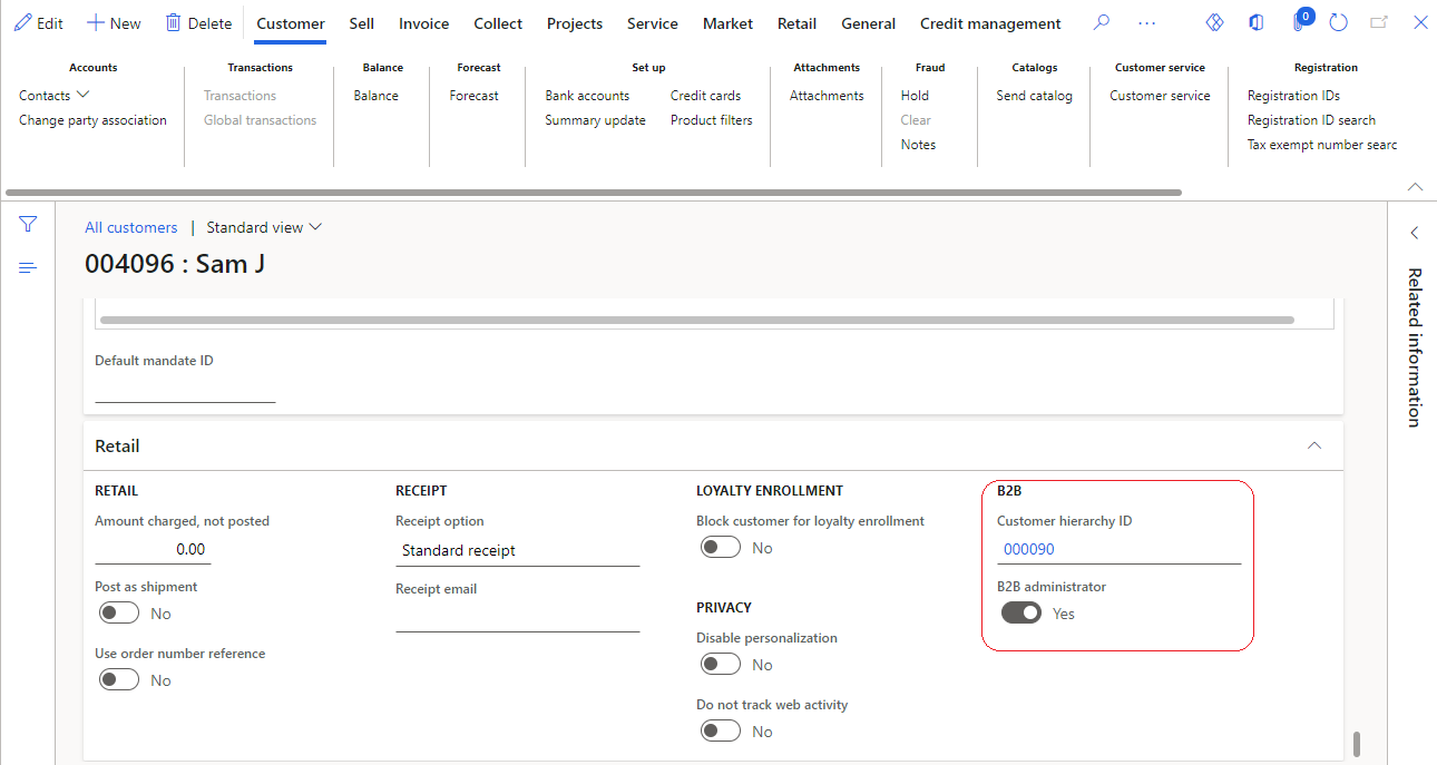 Screenshot della sezione B2B nella scheda dettaglio Retail di un record cliente che mostra l'associazione della gerarchia del cliente e lo stato dell'amministratore.