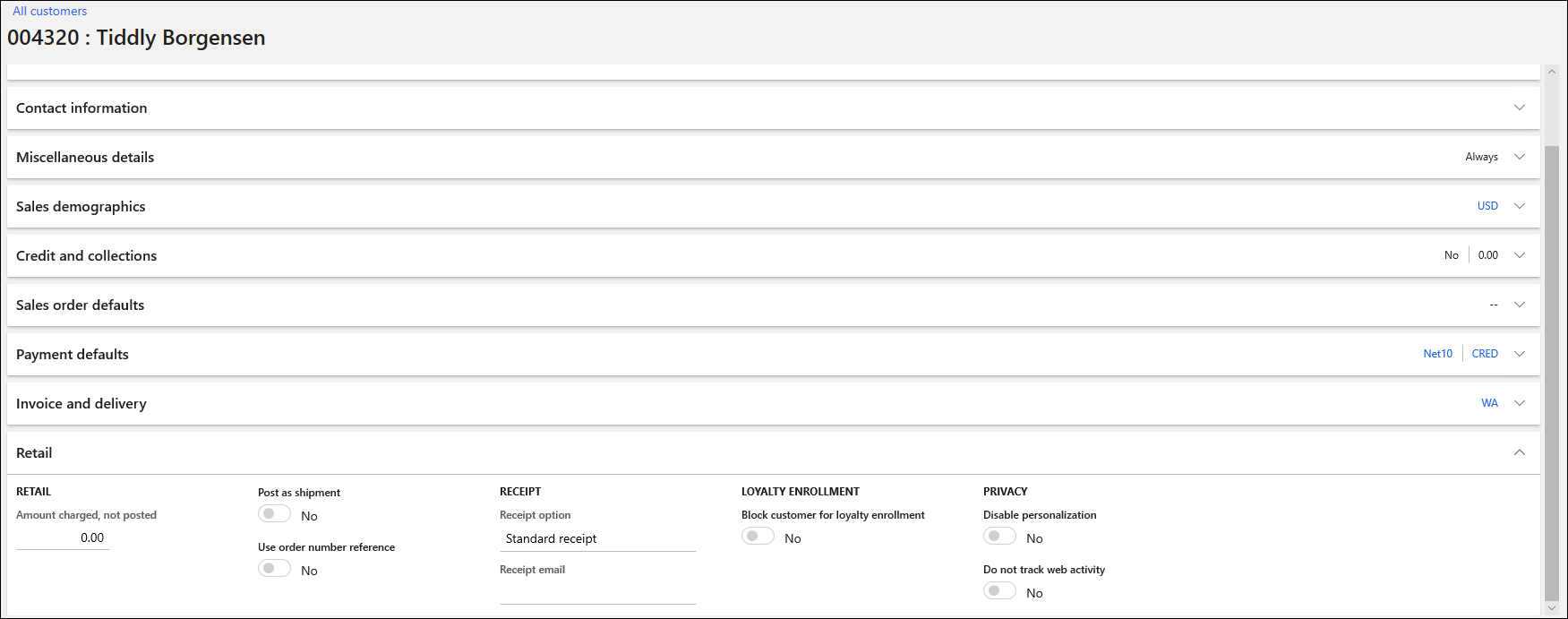 Screenshot del Retail FastTab.