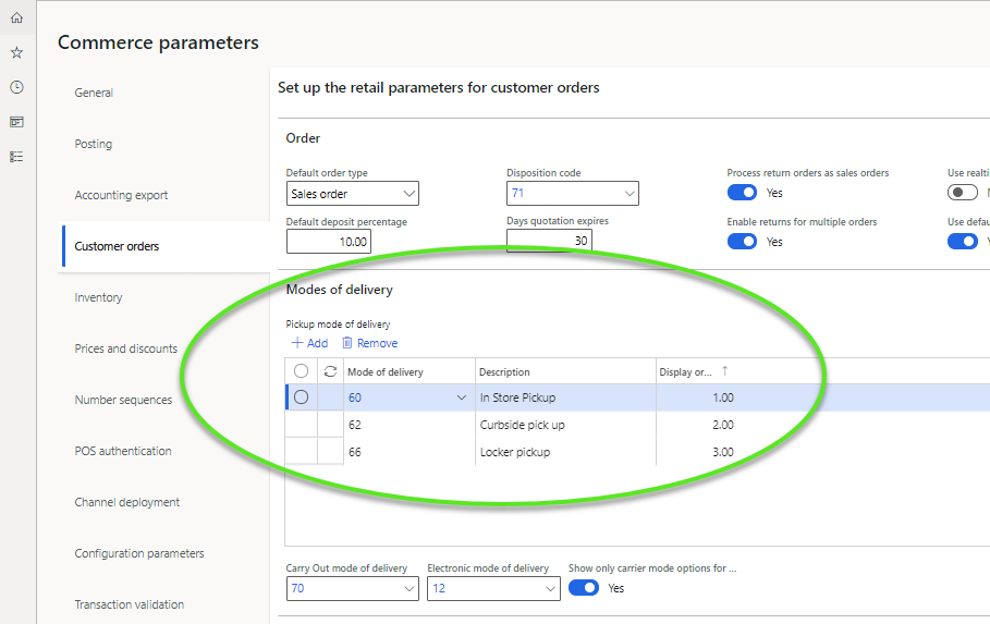 Screenshot delle modalità di ritiro e consegna nella pagina Parametri di Commerce.
