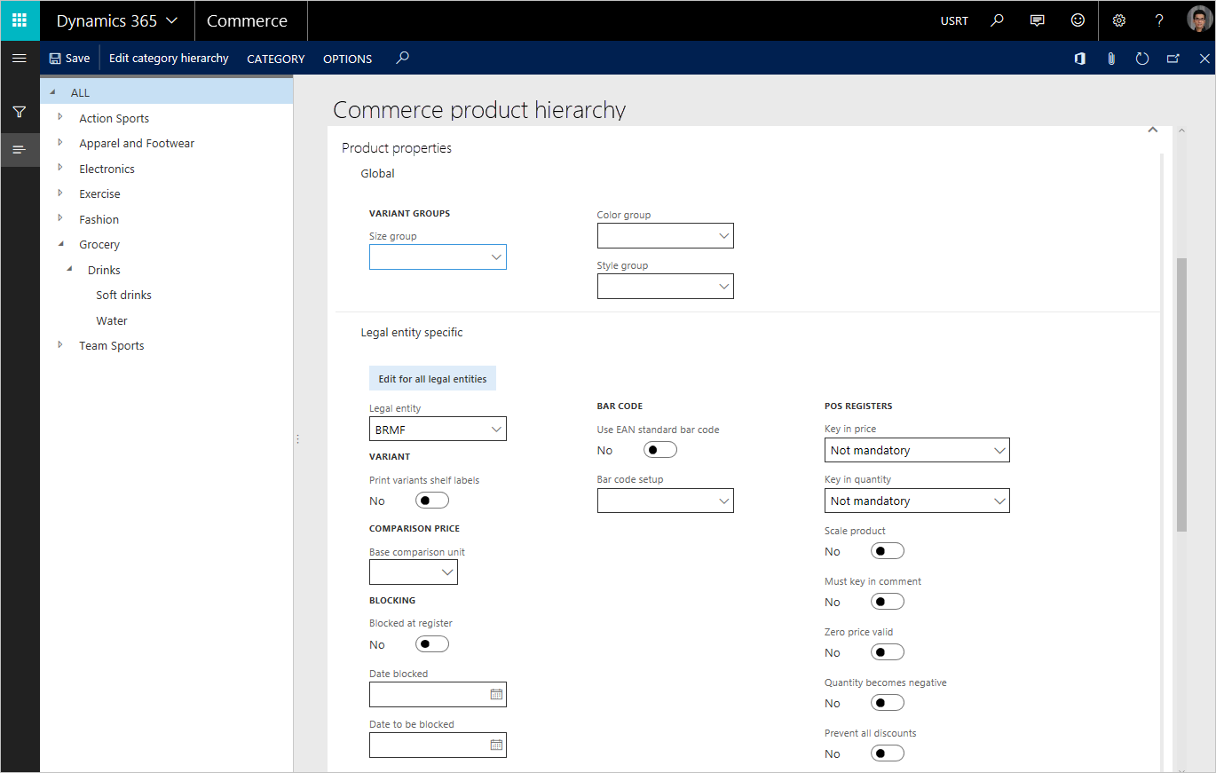 Screenshot dei campi raggruppati in base all'ambito di applicabilità delle proprietà.