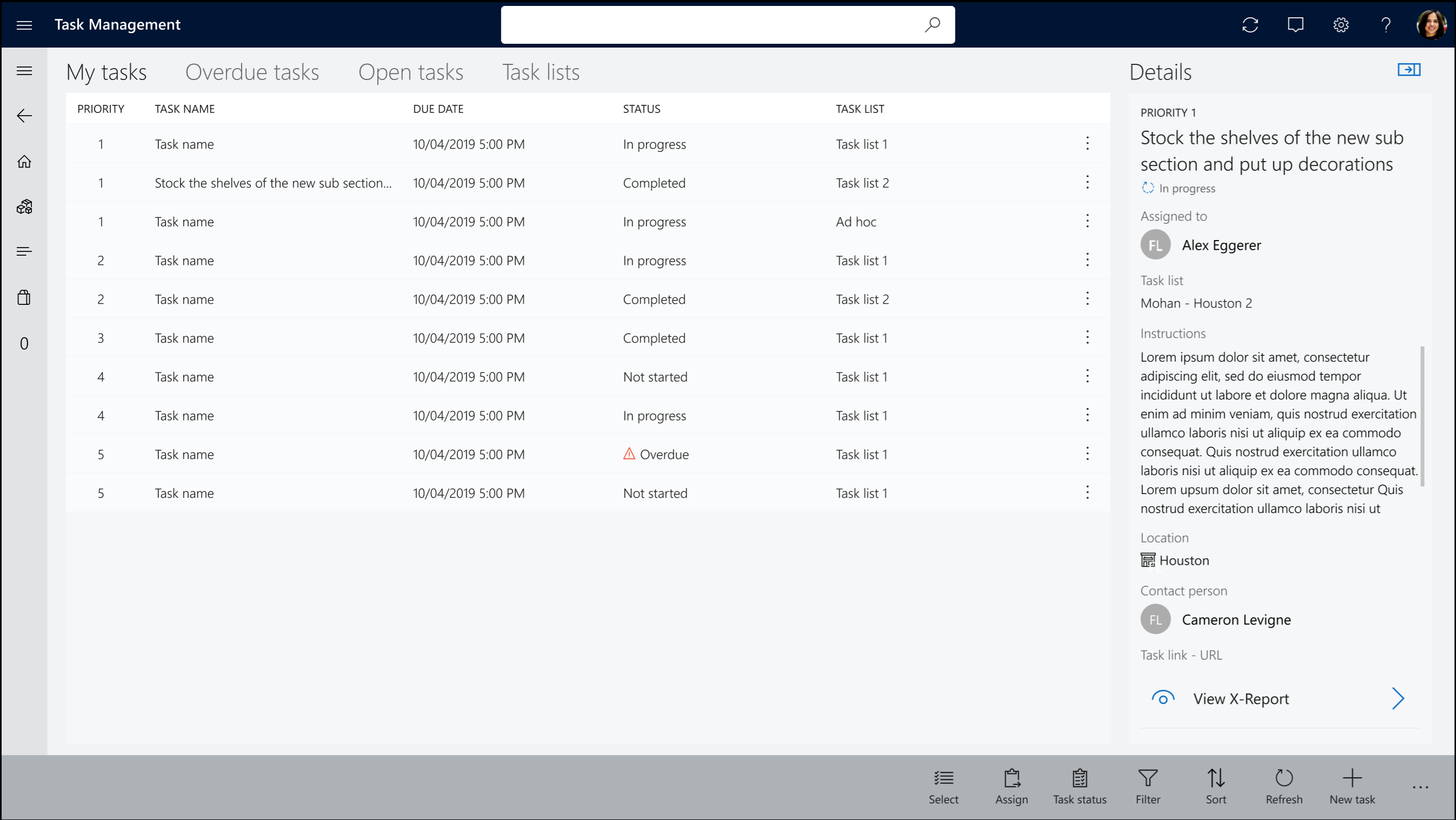 Screenshot della scheda My tasks nell'applicazione Commerce POS.