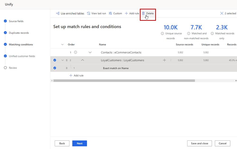 Screenshot delle regole di abbinamento con tabella selezionata e pulsante Elimina