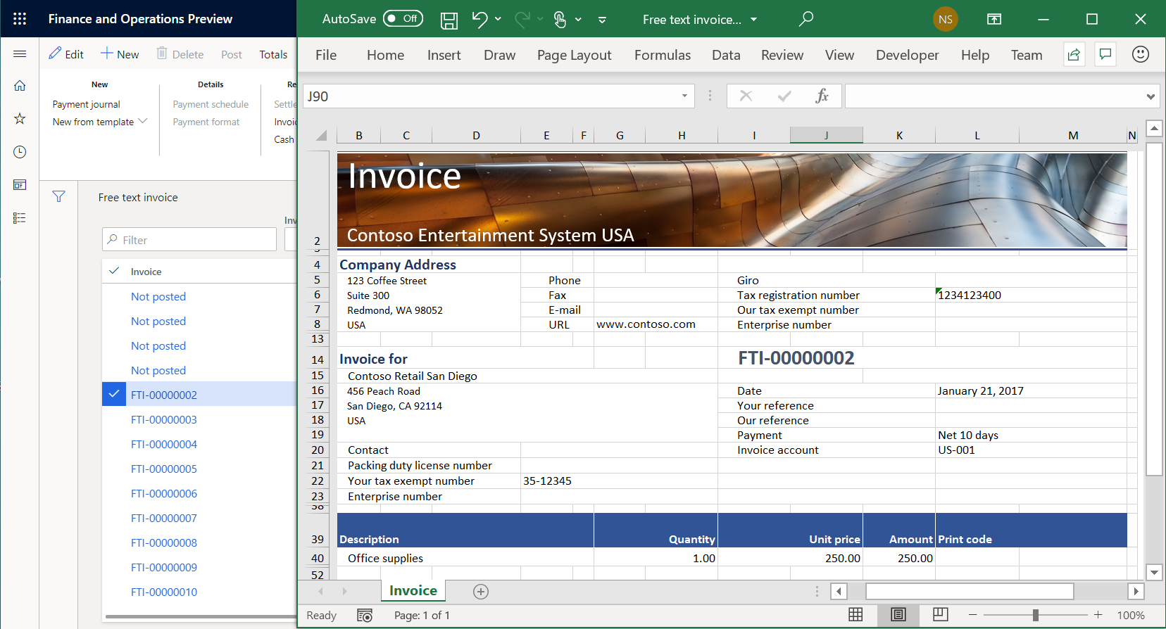 Fattura a testo libero in Excel.