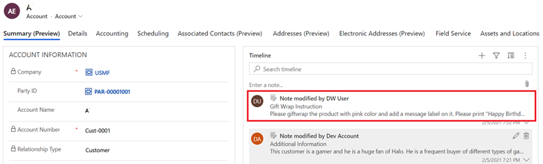 Screenshot della nuova nota nella sequenza temporale nell'app di coinvolgimento del cliente.