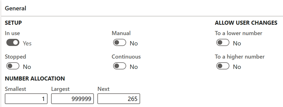 Screenshot of the General section for number allocation.