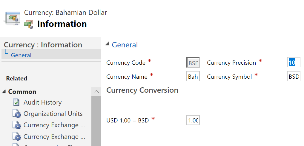 Screenshot delle impostazioni di valuta per una località specifica.