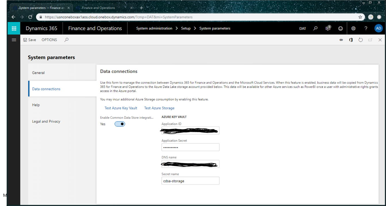 Screenshot of the Data connections tab on the System parameters page.