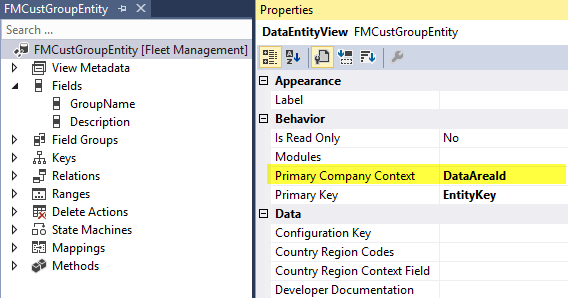 Screenshot of the PrimaryCompanyContext property set to DataAreaId on FMCustGroupEntity.