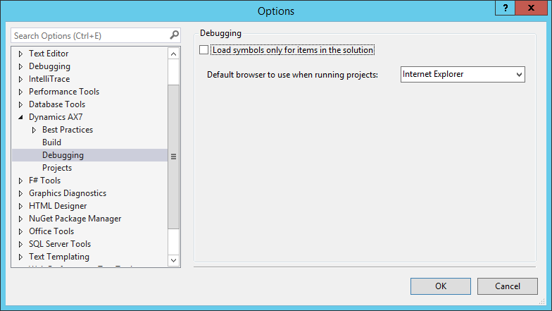 Screenshot of the Debugging options dialog box in Visual Studio.