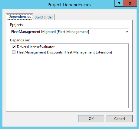Screenshot of the Project Dependencies dialog box showing build order in Visual Studio.