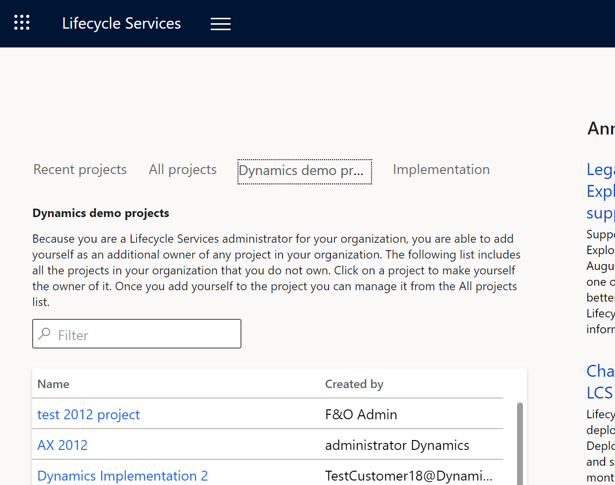 Screenshot of message in Lifecycle Services that states that organization admins can add themselves to any project.