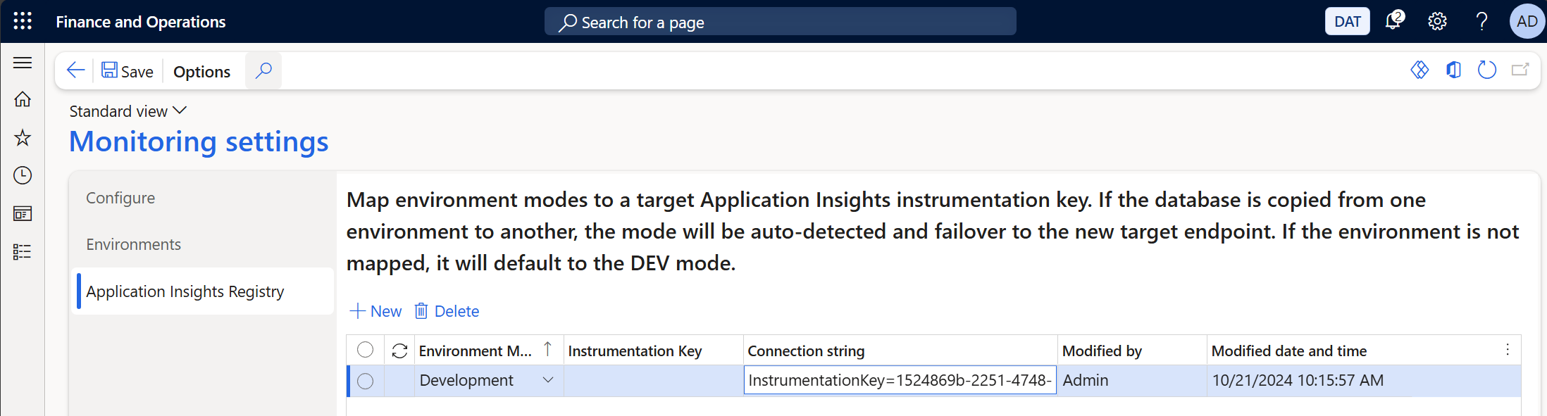 Screenshot of an environment mode being added on the Application Insights Registry tab of the Monitoring settings page.
