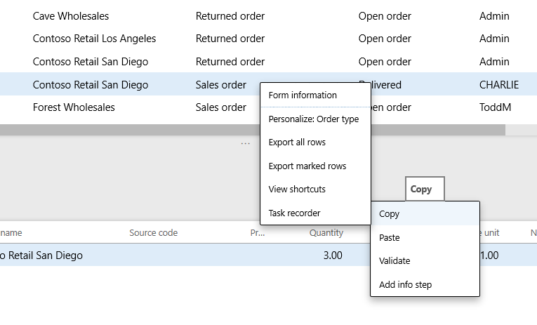 Screenshot of the Copy menu item in task recorder.
