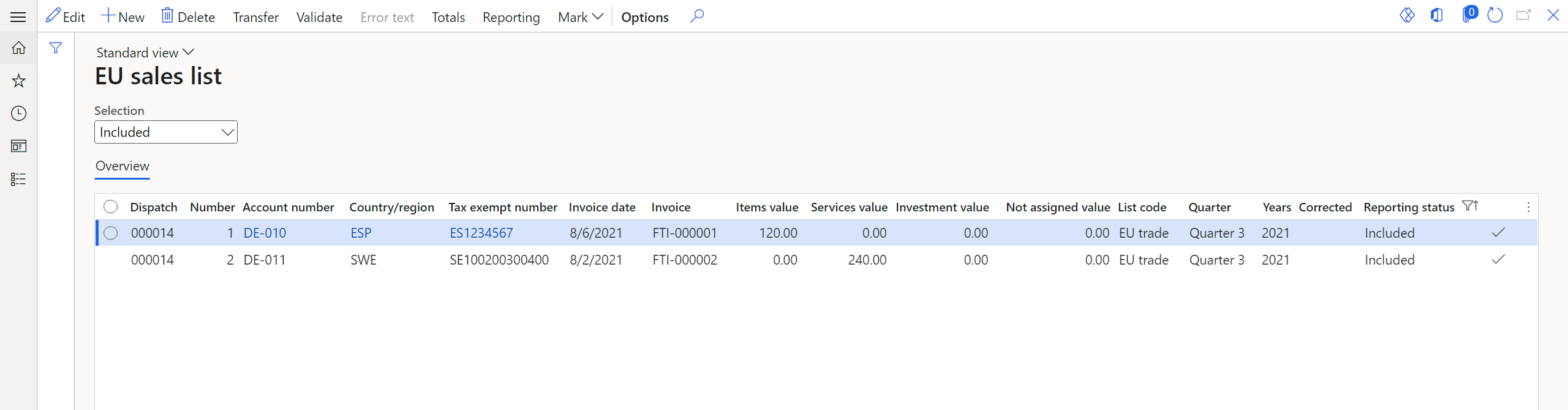 Screenshot della pagina dell'elenco vendite UE che mostra le fatture di testo libero trasferite.