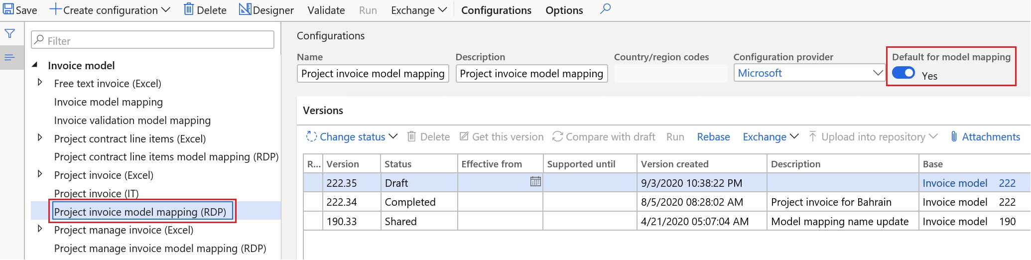 Screenshot della configurazione del mapping del modello di fattura di Project.