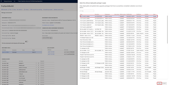 Screenshot dell'applicazione degli aggiornamenti dall'elenco degli aggiornamenti.