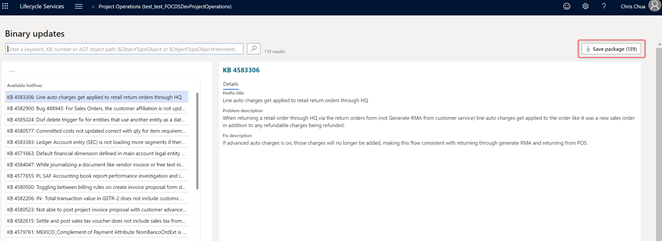 Screenshot del pulsante Salva pacchetto nella pagina degli aggiornamenti binari.