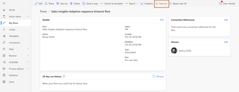 Screenshot dell'abilitazione del flusso di timeout della sequenza adattiva di Sales Insights in Power Automate.