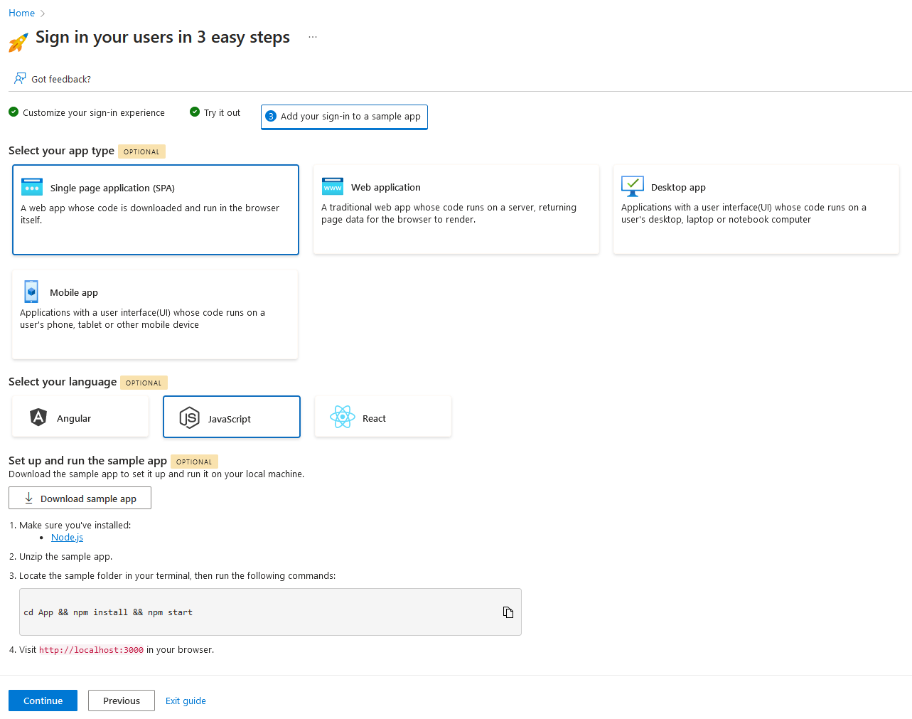 Screenshot della configurazione di esempio dell'app.