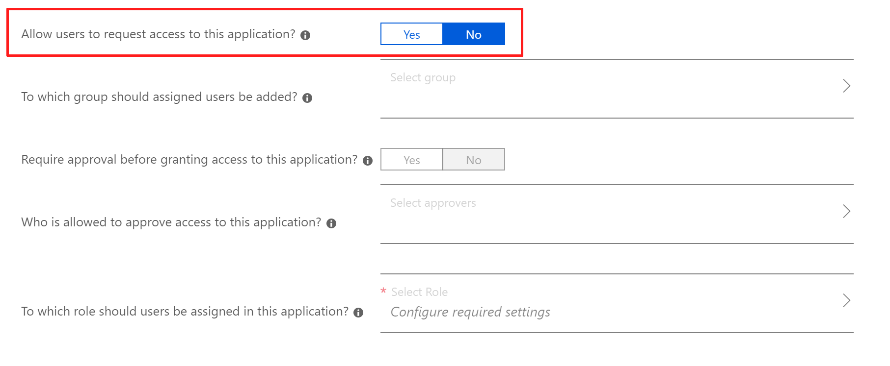 Finestra di dialogo Impostazioni di accesso alle applicazioni self-service nelle proprietà dell'applicazione.