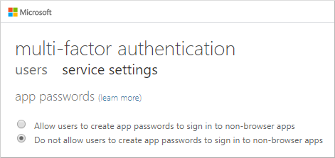 Screenshot che mostra le impostazioni del servizio per l'autenticazione a più fattori per consentire all'utente l'uso delle password dell'app