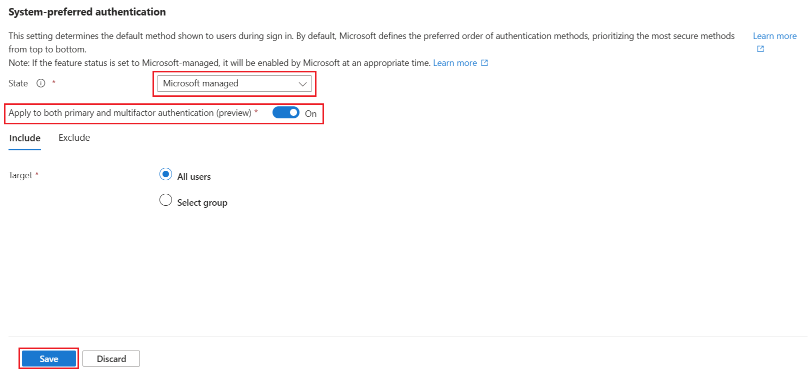 Screenshot delle impostazioni di autenticazione a più fattori preferite dal sistema nell'interfaccia di amministrazione di Microsoft Entra, che mostra la funzionalità abilitata per il gruppo Engineering.