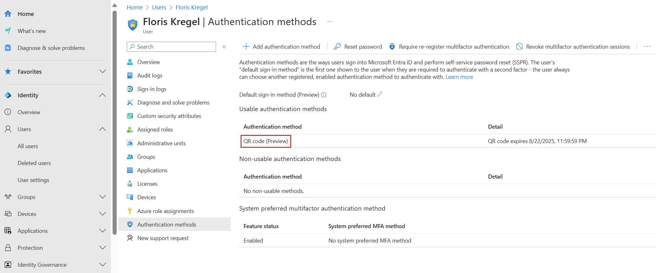Screenshot che mostra il metodo di autenticazione del codice QR elencato nei metodi di autenticazione utilizzabili per un utente.