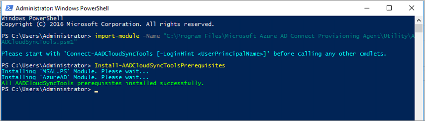 Screenshot della notifica nella finestra di PowerShell che indica che i prerequisiti sono stati installati correttamente.